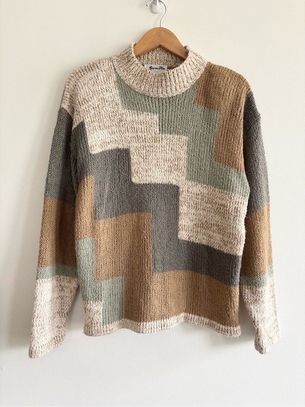Vintage Geo-Block Abstract Neutral Pattern Mockneck Sweater - Picture 2 of 12